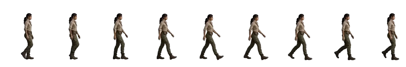 Nine frames of the explorer's walk to the right, side by side